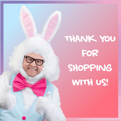 A man dressed in a bunny suit with a blue vest and pink bowtie with the words "Thank you for shopping with us" beside him.