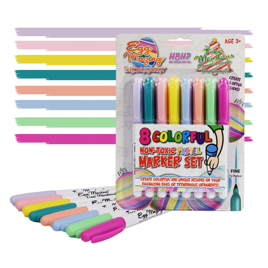 Image showing a pack of 8 colorful markers and those same markers outside of the packaging. Colors include bright pink, mint green, light blue, peach, turquoise, yellow, light pink, and light purple. 
