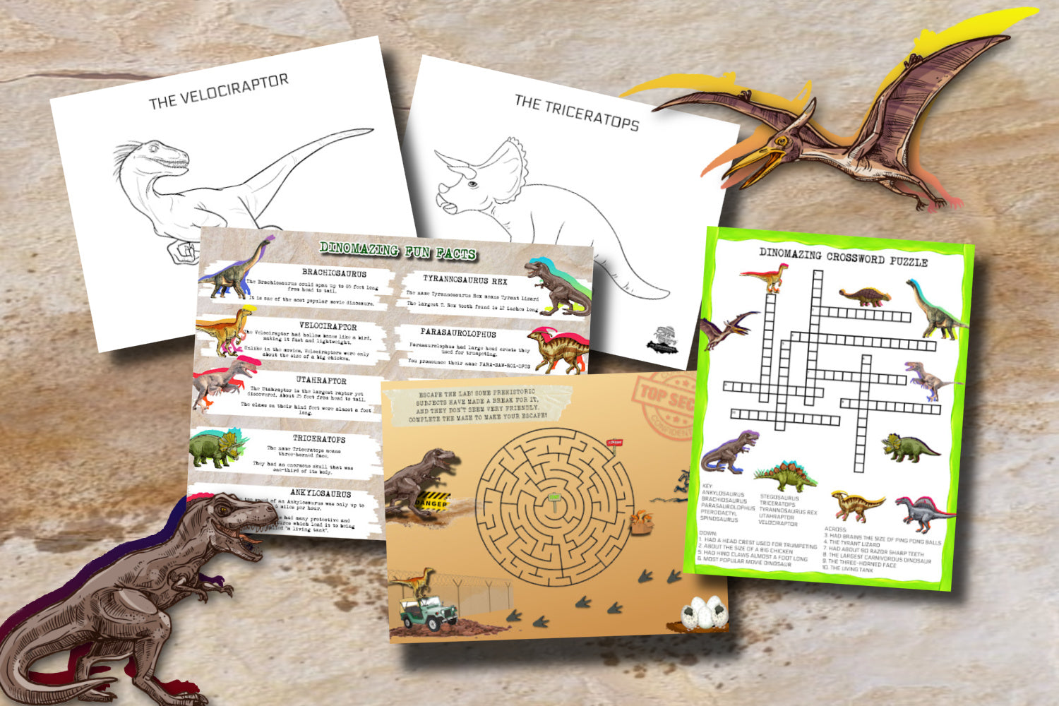 A collage of images including a T Rex, a Pterodactyl, a maze, a fun fact sheet, a crossword puzzle, and two coloring sheets with dinosaurs on them.