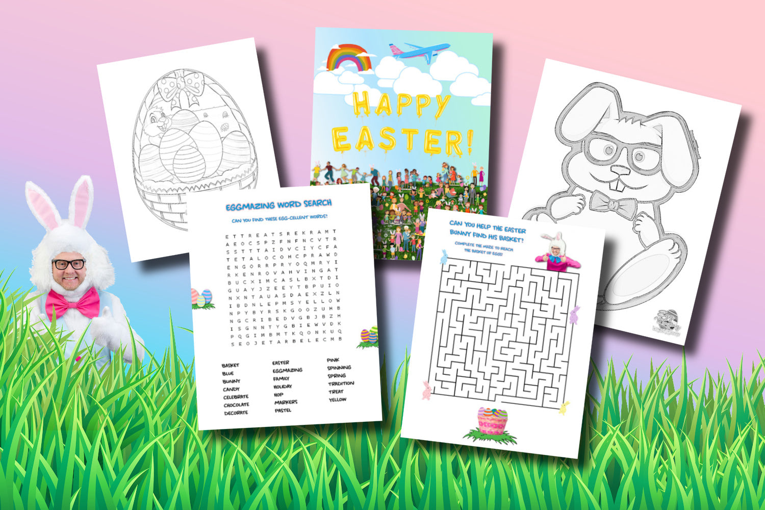 Collage of images including a man dressed in a bunny suit, a word search, a maze, an illustration of a bunny and an Easter basket, and a picture page showing a group of people at an Easter egg hunt. 