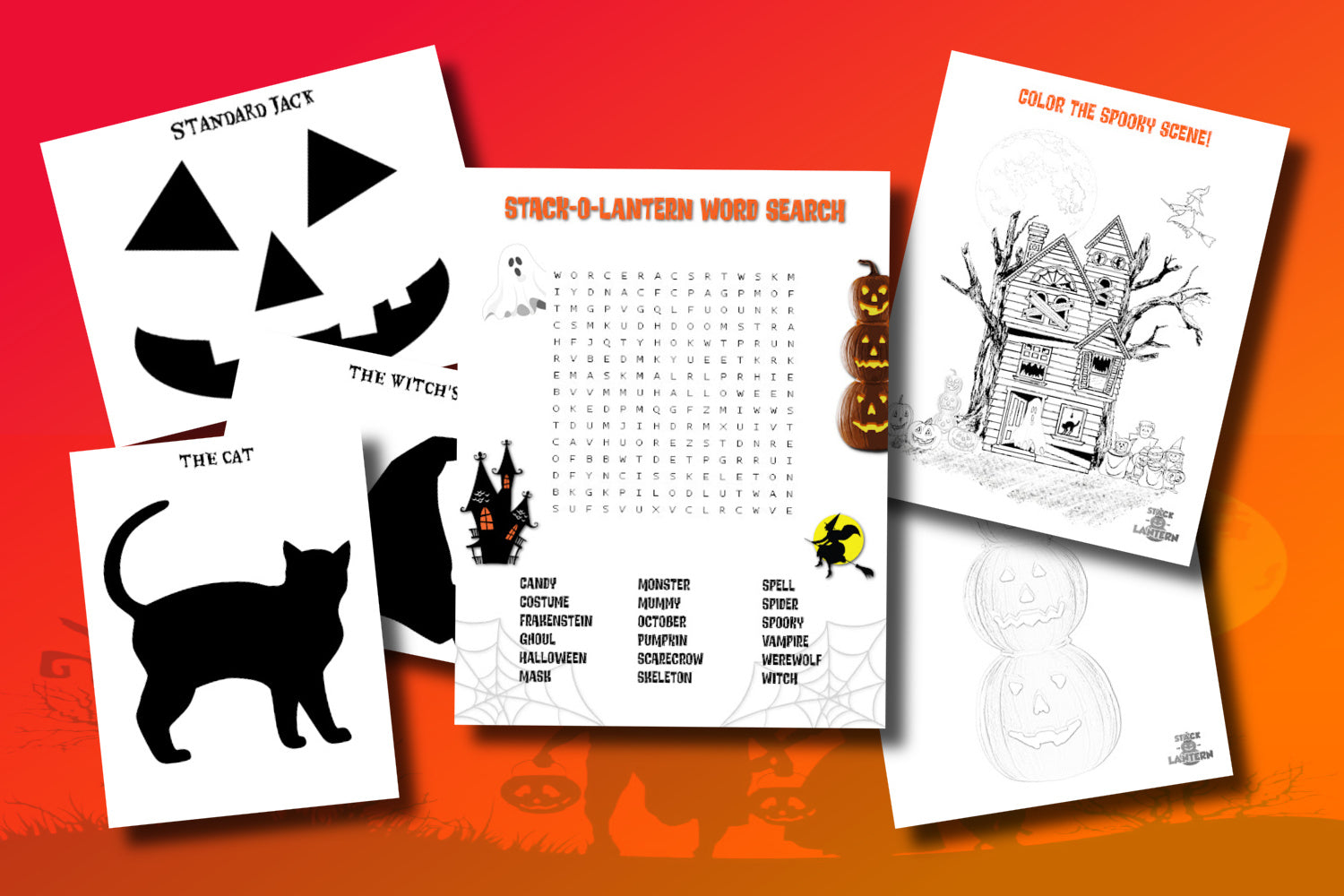 A collage of images including a coloring page of a rundown haunted house, a stack of pumpkins, a word search, and 3 coloring pages with a cat, a pumpkin face, and a witch's hat. 