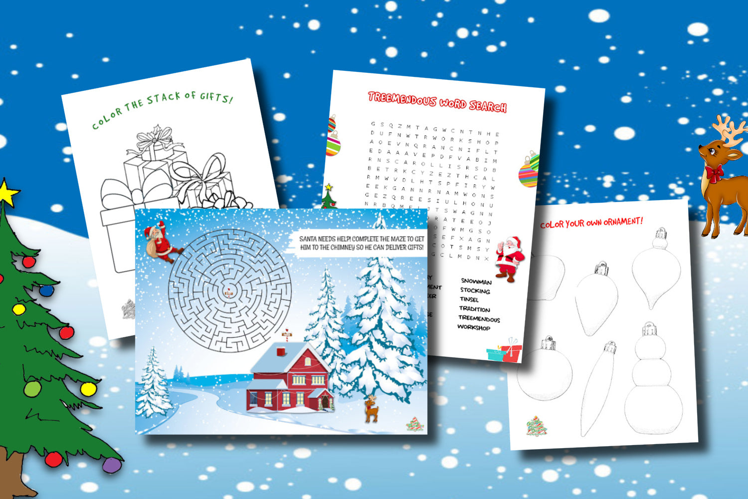 A collage of images showing a coloring page of ornaments, a stack of gift boxes, a word search, and a Christmas themed maze. 