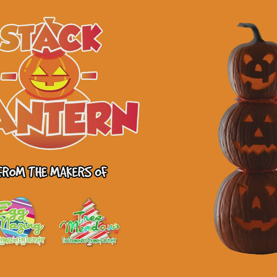 Video showing two boys carving pumpkins, stacking pumpkins with the Stack O Lantern product and then panning to an image showing a stack of 3 pumpkins, and the contents of the product in and out of the packaging. 