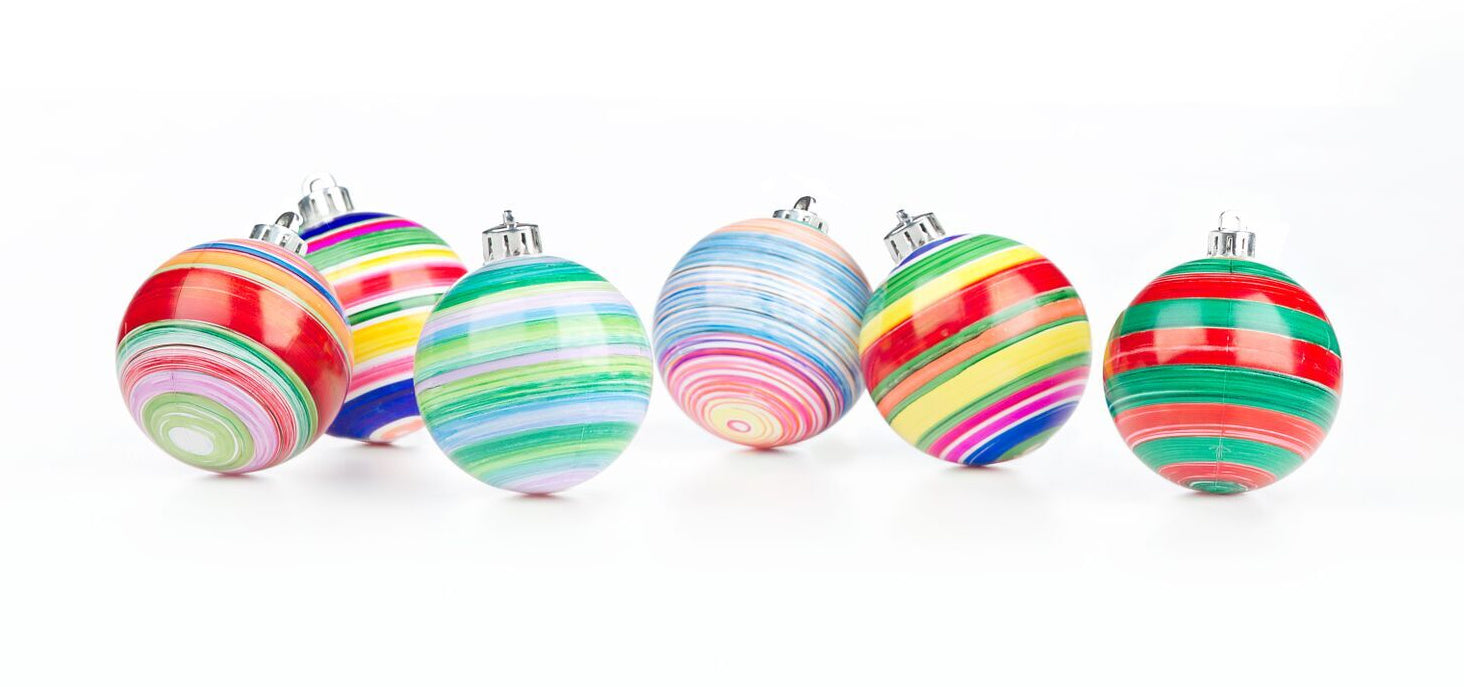 6 colorful striped plastic ornaments with silver caps