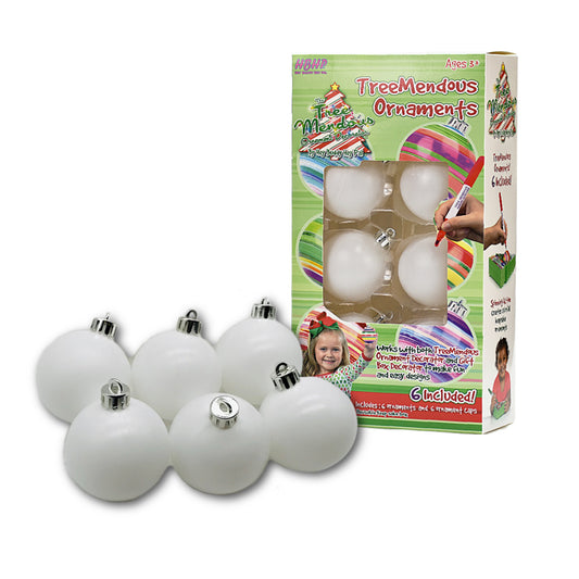 Picture showing a colorful box with white plastic ornaments inside, along with 6 round plastic ornaments beside it. 