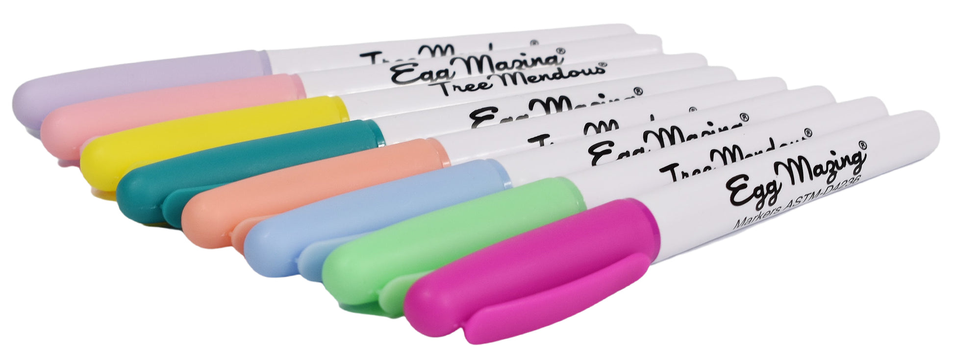 Close up image of 8 colorful markers. Colors include bright pink, mint green, light blue, peach, turquoise, yellow, light pink, and light purple. 