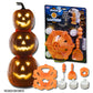 Image showing the Stack O Lantern product in and out of the packaging along with a display of three pumpkins stacked on top of each other.