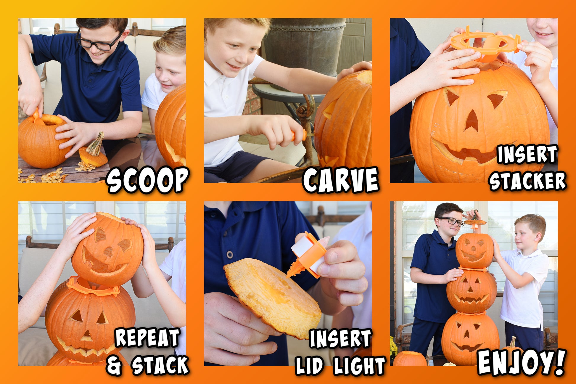 A collage of 6 images depicting how to use the product "Stack O Lantern". 